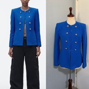 Zara Women Blue High Neck Double Breasted Textured Tailored Cotton Blazer Size M